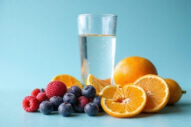 Immagine di un bicchiere d'acqua e frutta